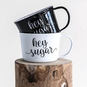 Creative Co-Op Black & White Enamel ‘Hey Sugar’ Coffee Cups, Set of 2